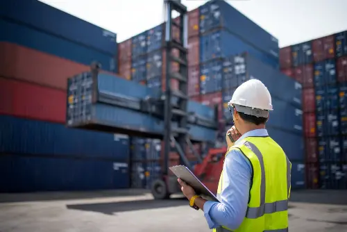 Customs officer looking at container